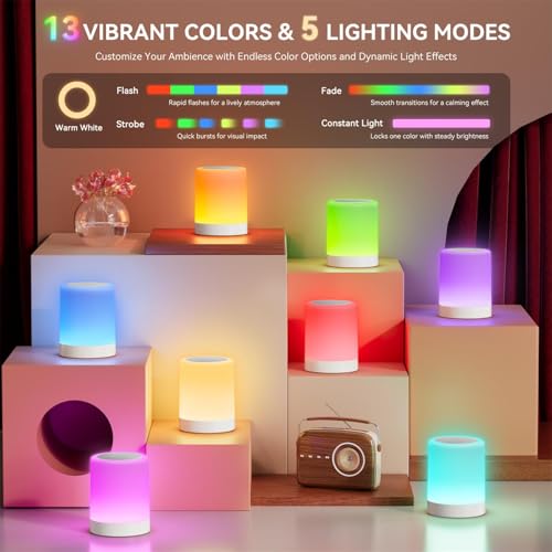 Auxmir Nachttischlampe Touch Dimmbar, Nachtlicht Kinder 5 Modi 13 Farben 5 Helligkeiten, Tischlampe Kabellos 3000mAh mit Timing Funktion, Tragbar LED Lampe für Deko Wohnzimmer, Kinderzimmer, Outdoor