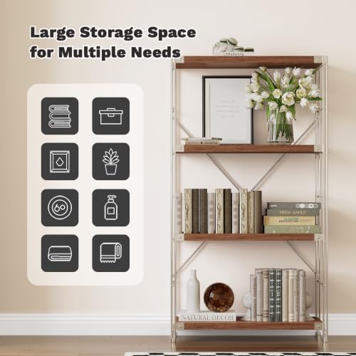 Image of 4-Tier Industrial Bookshelf, Wood and Metal Shelf Unit, Storage Bookcase