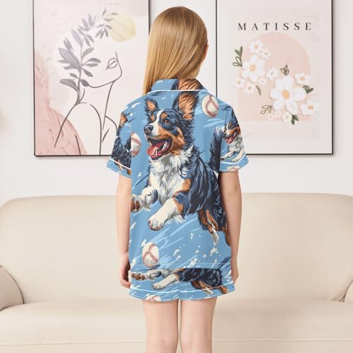 ALAZA Baseball Dog Blue Satin Pajamas Set Short Sleeve Button Down Sleepwear Summer Pjs 2 Piece4