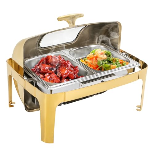 HAPPCUCOE Roll Top Chafing Dish Buffet Set,14.8 Qt Stainless Steel Chafer, Rectangle Catering Warmer Server with Visible Lid Water Pan Fuel Holder,Chafing Dishes for Buffet,Party