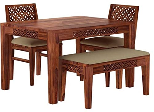 Image of MURALICRAFT Solid Sheesham Wood Square Dining Table 4 Seater | Four Seater Dinning Table with 2 Cushioned Chairs & Cushioned Bench for Home | Dinner Table Dining Room Sets for Restaurants, Honey Brown