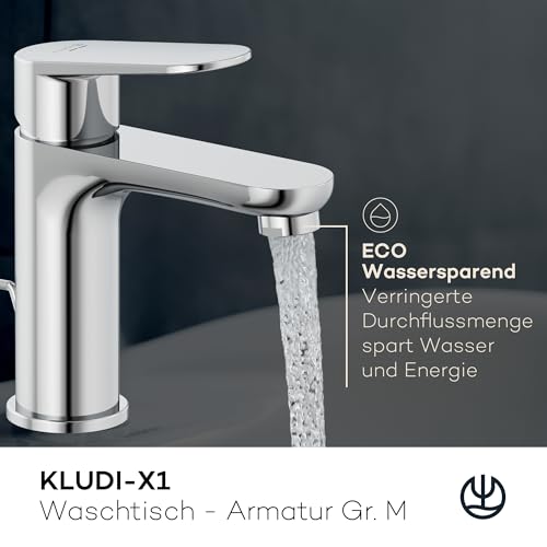 KLUDI-X1 Niederdruck Waschtischarmatur, Auslaufhöhe 95 mm, wassersparender Wasserhahn Bad Größe M, Keramikkartusche, Mischbatterie Waschbecken inkl. 3 Anschlussschläuchen (Boiler Zu-und Rücklauf)