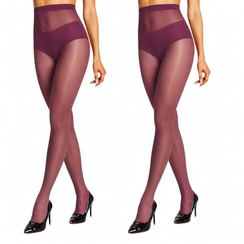 Image of HONENNA Sheer Tights for Women 2 Pairs Ultra Thin Reinforced T Crotch Control Top Pantyhose Stockings