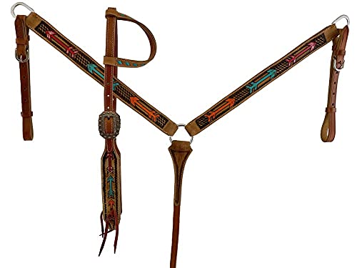Showman Leather Single Ear Headstall & Breast Collar Set w Painted Arrow Design, Average Full Size Horse