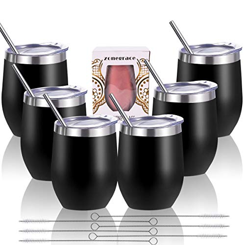 Zonegrace 6 pack Black 12 oz Stainless Steel Stemless Wine Glass Tumbler Double Wall Vacuum Insulated Bulk Wine Tumbler with Lids Set of 6,Gift Pack for Coffee, Wine, Cocktails,Including 6 Straws