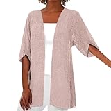 JOASDAO Cárdigan de lino para mujer, manga 3/4, para verano, frente abierto, ribete de encaje, rayas, bloque de color, bohemio, kimono, cárdigans para exteriores, ligero, liso, casual, salida de baño