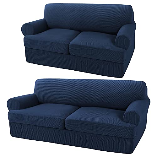 Turquoize 3 Pieces Sofa Covers for 2 Individual T Cushion Couch Sofa Slipcover Bundle 3 Pieces Loveseat Slipcover, Navy