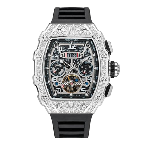 Reef Tiger Titan Herren Mechanische Uhr Selbstaufzug Multifunktions Gummi Sportuhr mit großem Zifferblatt Diamant Lünette Weinfass Stil RGA3009-2-D, RGA3009-2-YBBD, Groß, Modern