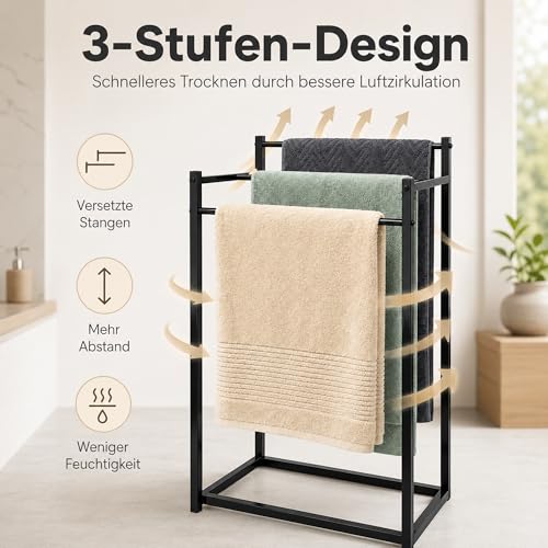 AJIEQAQ Handtuchhalter Freistehend Schwarz - Handtuchständer ohne Bohren mit 3 Stangen, Verstärkte Konstruktion, Rostfreier Badetuchhalter Platzsparend für Badezimmer & Gäste-WC