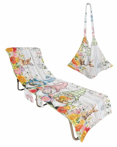Spring Easter Beach Lounge Chair Towel Cover, Soft Chaise Lounge Towel with Side Pockets Patio Pool Chairs Cover for Beach/Pool Sunbathing 29x85 Gnomes Floral Botanical Eggs Vintage