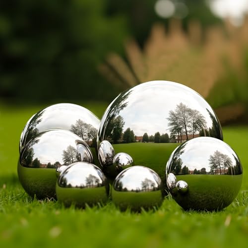 GloBrite 6 Pcs Stainless Steel Mirror Balls 50-150mm Garden Ornaments Outdoor Reflective Steel Balls for Decorations Home Decoration and Garden Pond Décor (Multi Colour)