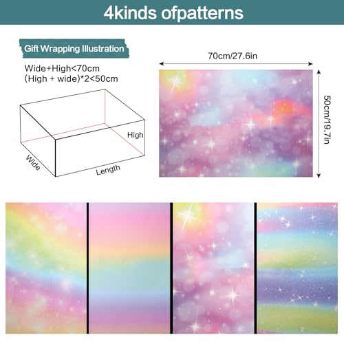 Wrapping Paper Birthday Valentines Gift Wrapping Paper Set, 8 Sheets Pastel Wrapping Paper Rainbow Gradient Girls Birthday Gifts Present Wrap with Tape for Women Valentine's Day Wedding Baby Shower