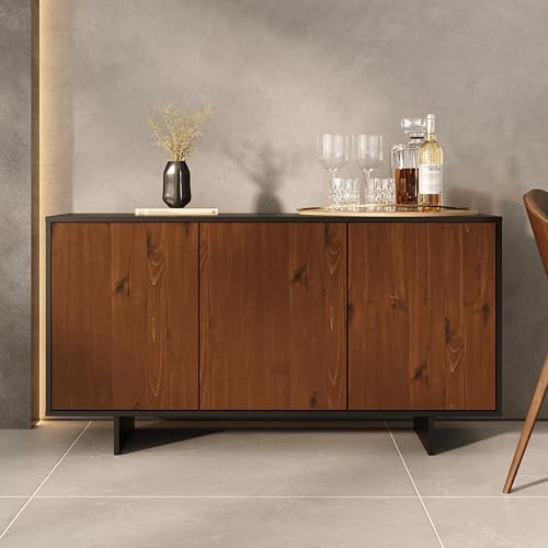 IDIMEX Buffet ARTO L 137 cm 3 Portes en Bois Massif Coloris Châtaignier avec Étagères Réglables, Deux Compartiments sans Poignées, Vaisselier Bahut en Bois