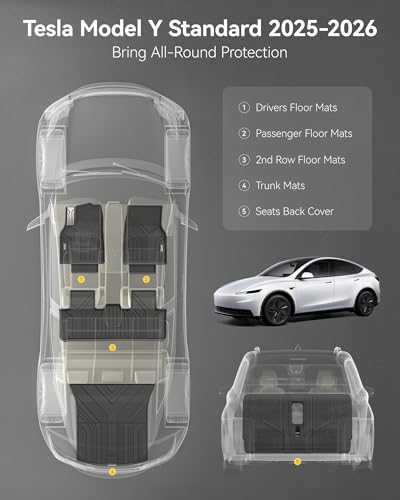 Image of 3W Floor Mats for 2025 2026 Tesla Model Y(Only Fit Standard) Juniper 5 Seat | with Rear Cargo Mat & Backrest Mat TPE Anti-Slip All Weather Tesla Model Y Accessories, Vigormold, Over 10 Years Lifespan