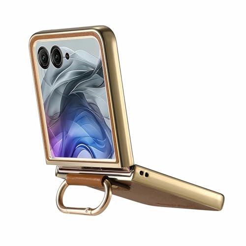 Image of for Motorola Razr 50 Ultra 5G Case Electroplating Leather Coated PC Phone Cover with Spring Ring Buckle Kickstand - Brown