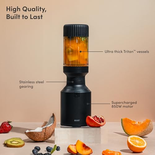 Image of Beast Mighty 850 | Premium Compact Personal Blender | Smoothies, Shakes, Dressings, Sauces, Desserts, Dips | Blends Ice and Frozen Fruit | Includes Extra Lids and Straws | 850W (Carbon Black)