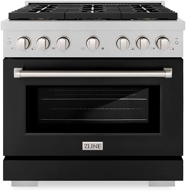 ZLINE 36 in. 5.2 cu. ft. Paramount Dual Fuel Range with 6 Burner DuoPro™ Cooktop and Electric Convection Oven in Satin Stainless Steel with Black Matte Door (PSDRS-BLM-36)