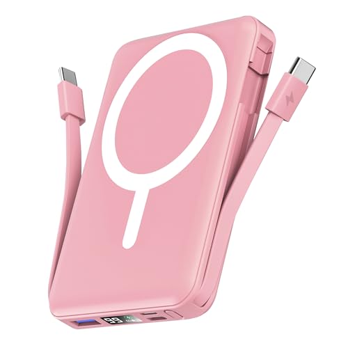 Podoru for Magsafe Powerbank, 10000mAh Magnetische Wireless Power Bank mit USB-C Kabel PD 20W Schnellladen mit LED Display, Kabellos Akkupack für iPhone 17/16/15/14/13/12 Alle Serien (Pink)