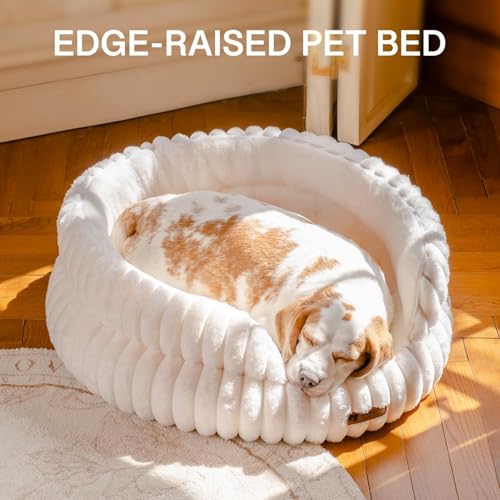MEWOOFUN Stilvolle Katzenbetten für Katzen, weiches rundes Hundebett für kleine und mittelgroße Hunde, waschbares, beruhigendes Haustierbett (Beige, S)
