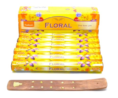 120 x Varillas de Incienso Floral con Soporte de Madera Decorado con Estrellas, 6 Paquetes varitas de Incienso de Joss, Fragancia casera