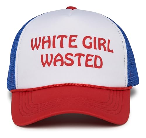 Funky Junque Funny White Girl Wasted Foam Trucker Hat White Trash Party Attire Fourth of July - White Girl Wasted (White/Red/Blue)
