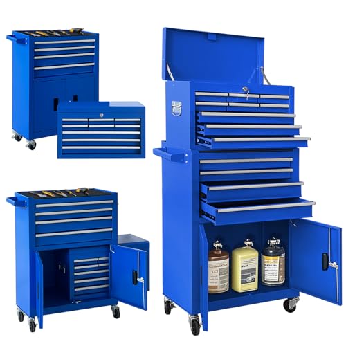 TOKUWA 13-Drawer Double Doors Handle Rolling Tool Chest, 2 in 1 Detachable Rolling Tool Chests, Large Tool Boxes with lock, Metal Standing Tool Cabinet for Garage Workshop(Blue)