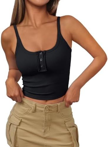 Trendy Queen Tank Tops for Women Summer Casual Cropped Ribbed Sleeveless Camisole Tops Henley Shirts Outfits Clothes 2025