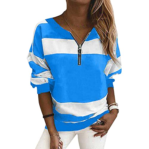 Briskorry Dames lange mouwen strepen bovenstuk effen V-hals ritssluiting casual T-shirt los hemd mode tuniek lang shirt pullover mode blouse T-shirt voor vrouwen - Image 4