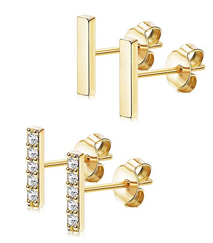 Sllaiss Sterling Silver & Gold Plated CZ Bar Earrings Set - Tiny Studs & Huggie Cartilage3