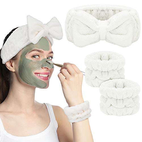 3 Pieces Spa Headband Wrist Washband Face Wash Set, Includes Microfiber Headband and 2 Pieces Wrist Washband, Facial Wash Spa Yoga Sports Headband Shower Hairband for Women Girls (White)