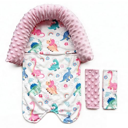 Image of Baby Head Support and Strap Covers for Car Seat,Minky Infant Carseat Headrest for Newborn, Infant Car Seat Insert Pad for Strollers,Swing (Pink Dinosaur)