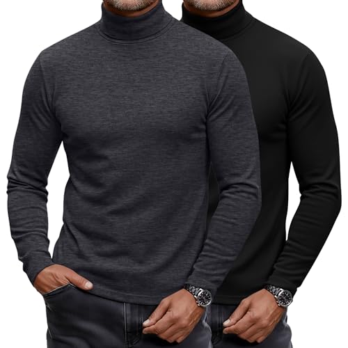 Ficerd 2 Pack Men's Turtle Neck Shirts, Lightweight Cotton Pullover Sweater Slim Fit Mock Turtleneck Knitted Long Sleeve Tops