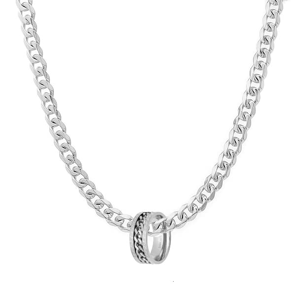 Stainless Steel Cuban Chain Link Necklace with Cuban Link Spinner Ring Set