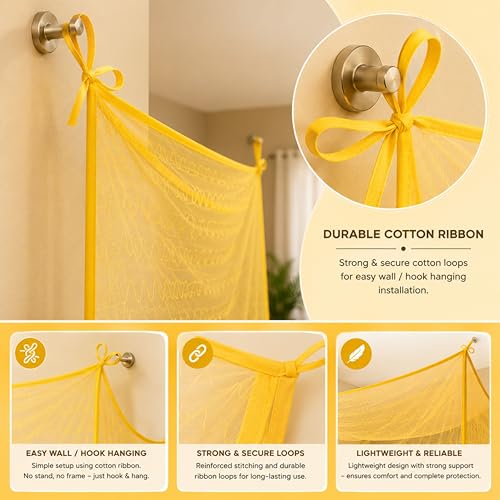 Image of Mosquito Net for King Size Bed & Double Bed (6x7 ft, Wall /Hook Hanging) Poly-Cotton Blend Fabric with Zigzag Wave Line Pattern, Pre-Fitted Bottom & Cotton Ribbon (Honey Yellow)