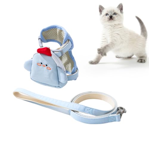 猫用散歩ロープ 胸背式リュックサック一体式牽引ロープ可変伸張かわいい猫のチョッキロープ散歩訓練犬の牽引ロープ引張安全通気防止、強靭、360度回転防爆沖、脱着便利小型犬ペット収納袋小銭入れ引引ロープ (青色, S)