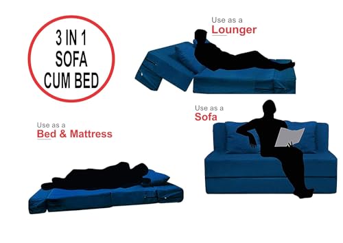 Image of PUM PUM 2-Seater Sofa Cum Bed | EPE Foam Foldable Couch with Velvet Fabric & Washable Cover | Convertible Sofa Bed for Home, Living Room & Office Guests | 3 x 6 Ft (Navy Blue)