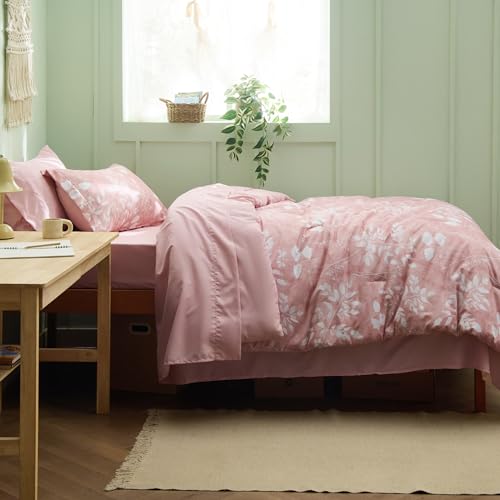 Image of Bedsure Floral Pink Comforter Set, Twin-XL Bedding Sets, Dorm, 5 Piece | Bed in a Bag, Bedroom, Dorm Room，Reversible, Fluffy, Whisper-Quiet, All-Season, Polyester, Easy Care, Botanical-Chic, OEKO