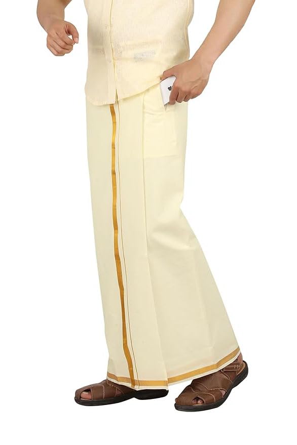 All Size Adjustable Cream colour pocket Dhoti Men and Gold Jari Border - Ottikoo Kattikoo Fit (38 to 44 Inches)-picture-18