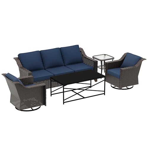Image of 5 Piece Patio Furniture Set, Wicker Outdoor Conversation Set | Patio Chair Set with Olefin Removable Cushion, All-Weather Outdoor Couch with Deep Seat for Porch, Deck and Backyard, Blue