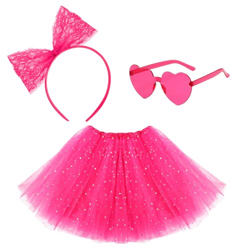 Women Tutu Costume Accessories Set, 3 Layered Tulle Tutu Skirt Heart Sunglasses Bow Headband Colorful Party Favors Rose
