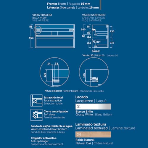 Mueble de Baño Suspendido Fondo Reducido con Lavabo Cerámico| Mueble Volado 2 Cajones | 50 cm Roble Natural - imagen 7