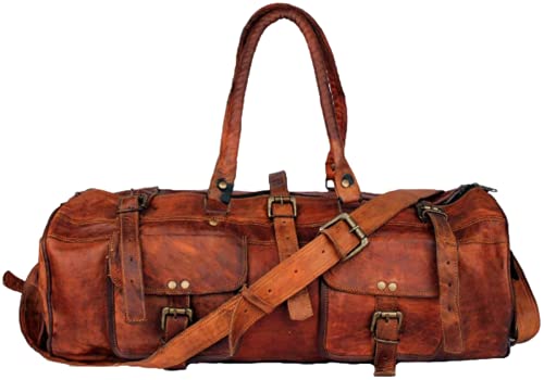 BBE Bolsa de viaje unisex de cuero genuino marrón vintage para hombres/niños/niñas/mujeres (26 pulgadas, bolsa redonda)