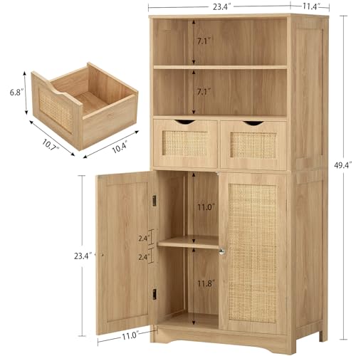 Image of Iwell Tall Storage Cabinet, Rattan Cabinet with 2 Drawers & Adjustable Shelf, Kitchen Pantry Storage Cabient, Entryway Cabinet for Living Room, Dining Room, Home Office, Natural