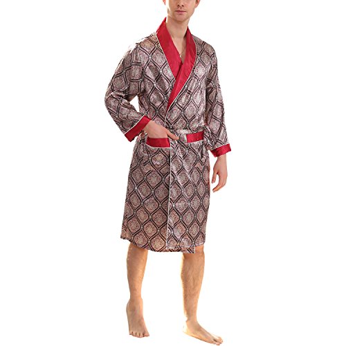 Men's Summer Luxurious Kimono Robe Soft Satin Bathrobe Long-Sleeve Nightgown Printed Pajamas Red, Small/Medium3
