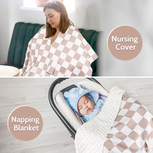 Image of DILIMI Baby Car Seat Cover, Minky Warm Car Seat Covers for Babies, Peekaboo Opening Infant Car Seat Cover, Nursing Cover Carseat Canopy, Coffee Checkered