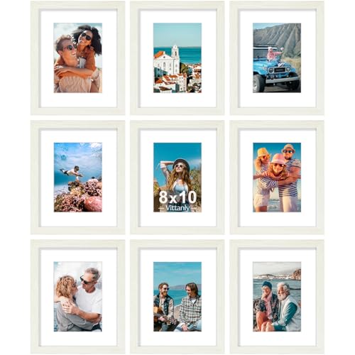 Vittanly 8x10 Picture Frames Set of 9, Shatter Resistant Plexiglass, Display 5x7 Pictures with Mat or 8x10 without Mat, Photo Frames for Wall or Tabletop, Engineered Wood, Whitemist