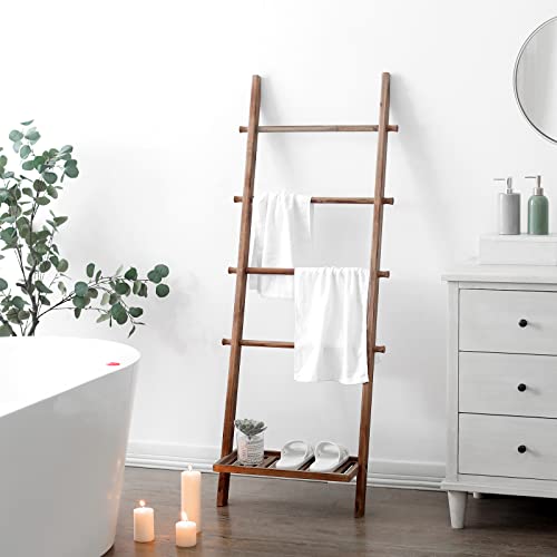 Fuin 5Ft Wood Blanket Ladder With Bottom Shelf For Living Room Decorative Wall Leaning Farmhouse Quilt Display Holder Storage Rustic Wooden Towel Rack For Bathroom thumb #4