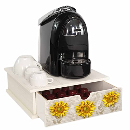 Lupia - Contenitore Cassetto Porta Capsule e Cialde caffè Cassetto ORGANIZER Shabby GIRASOLE 33x33 cm in legno per casa, cucina, angolo bar ufficio, multiuso