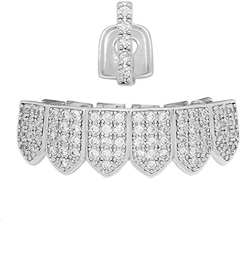 canjoyn 18K Gold Silver Pave Full CZ Bar Grillz Teeth Top and 6 Bottom Set Grills + Extra Molding Bars2