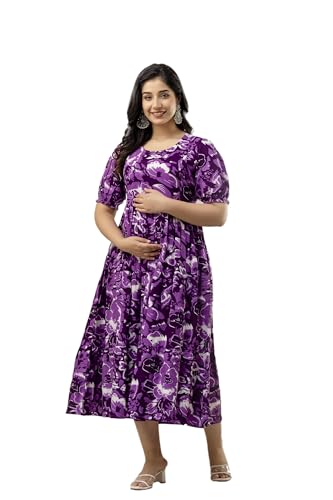 Image of Women's Rayon Anarkali Maternity Ankle Length Dress, Pregnancy Dress,Feeding Kurti,Easy Brest Feeding Dress, with Both Side 9 inch Zipper and Belt